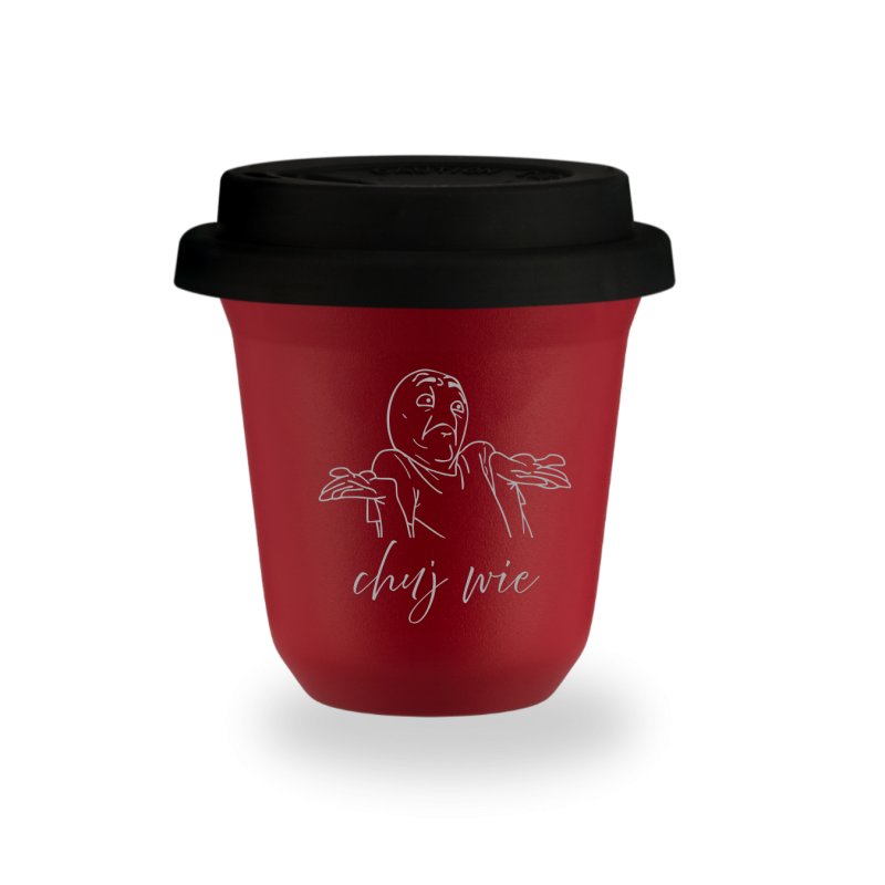 Kubek 150 ml CZERWONY "Ch*j wie", z pokrywką czarną